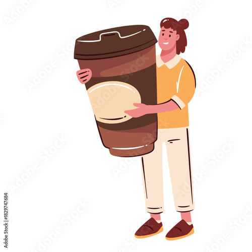 Huge coffee cup held by smiling woman in simple cartoon doodle style with warm cozy vibe. Vector illustration showing an oversized coffee cup as a playful big coffee mug accent.