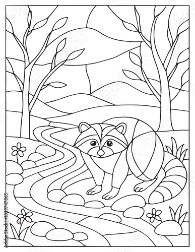 Raccoon in forest outline for coloring book or stained glass Style  