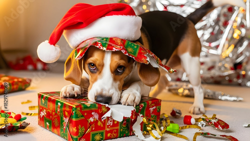 Christmas Beagle: A charming beagle dog, donning a festive Santa hat, rests atop a beautifully wrapped Christmas gift, exuding holiday cheer amid scattered ornaments and wrapping paper.