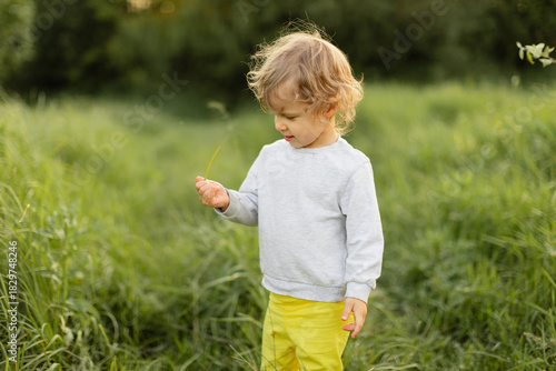 Curious toddler exploring tall grass while holding a plant stem. Soft natural light, candid outdoor moment capturing real childhood discovery and movement.