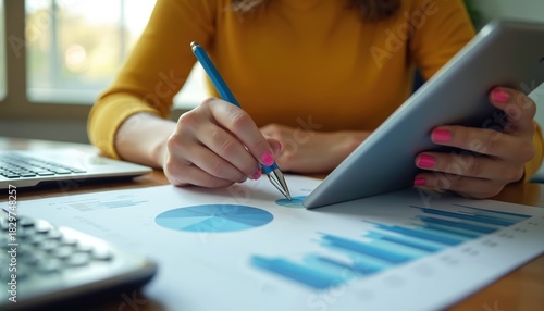 Woman reviews financial charts on tablet and paper. She uses pen to point at data, planning budget with laptop computer nearby. Person analyzes stats for better investment results.