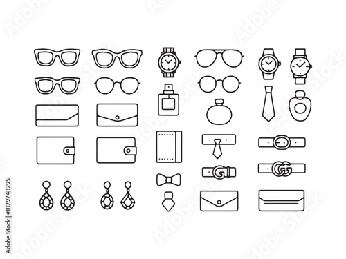 Personal Accessories and Fashion Line Icons Set - Eyeglasses, Watch, Wallet, Belt, Tie, and Perfume Vector