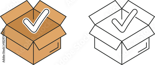 Open Cardboard Box With Check Mark Icon On White Background package delivery
