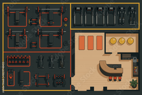Modern gym layout showcasing weight training, cardio, yoga, and bar areas, perfect for fitness center design and healthy lifestyle concepts, promote well being