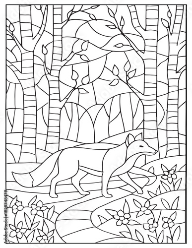 Fox walking through a segmented forest with flowers, coloring page outline | stained glass style