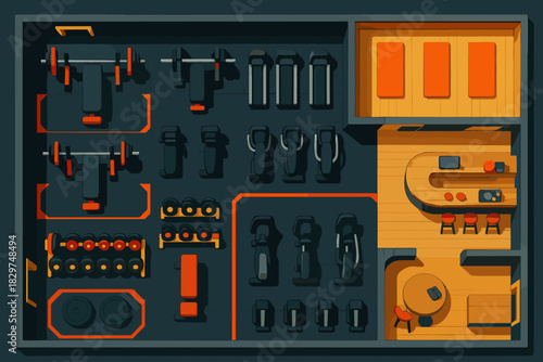 Modern gym layout showing workout equipment, fitness studio, and juice bar for health and wellness marketing, perfect for promoting active lifestyles