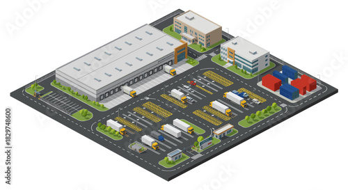 Isometric view of a vibrant logistics hub with trucks, warehouses, and containers perfectly illustrating supply chain efficiency and modern distribution networks