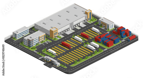 Isometric distribution warehouse hub featuring trucks and shipping containers, perfect for showcasing logistics, global shipping, and supply chain management concepts