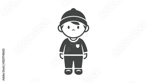 A simple, stylized illustration of a young boy wearing a beanie and a shirt with pants.