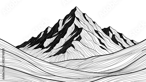 Black and white illustration of a mountain range with detailed line art and a textured appearance.
