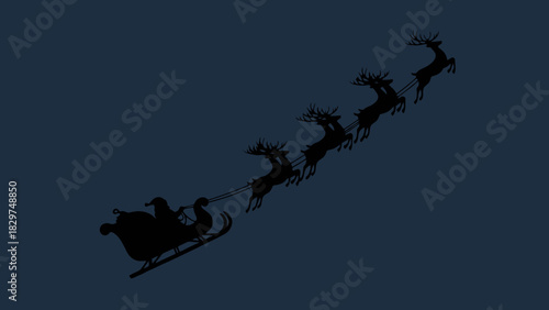 Silhouette of Santa Claus riding a sleigh pulled by reindeer against a dark blue sky.