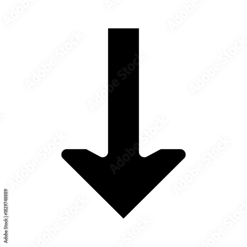Black Downward Arrow Icon on White Background.