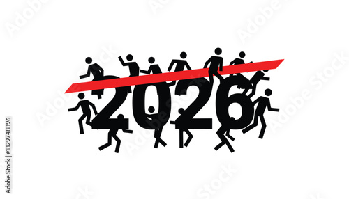 illustration of people climbing over the year 2026 overcoming challenges and achieving goals isolated on white background