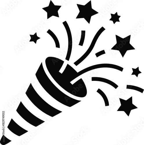 A black outline icon showing a festive party popper releasing stars and flowing streamers