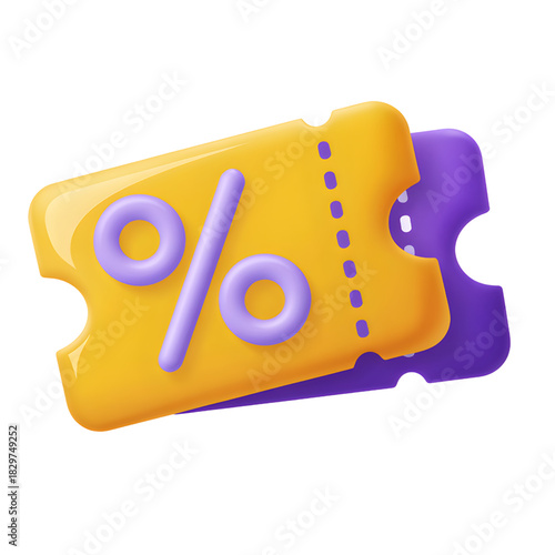 3D render of discount coupon tickets yellow and purple promotional offer for online shopping