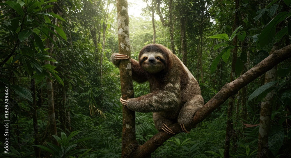 Fototapeta premium Sloth perched on a tree branch in a dense tropical forest environment wildlife conservation concept