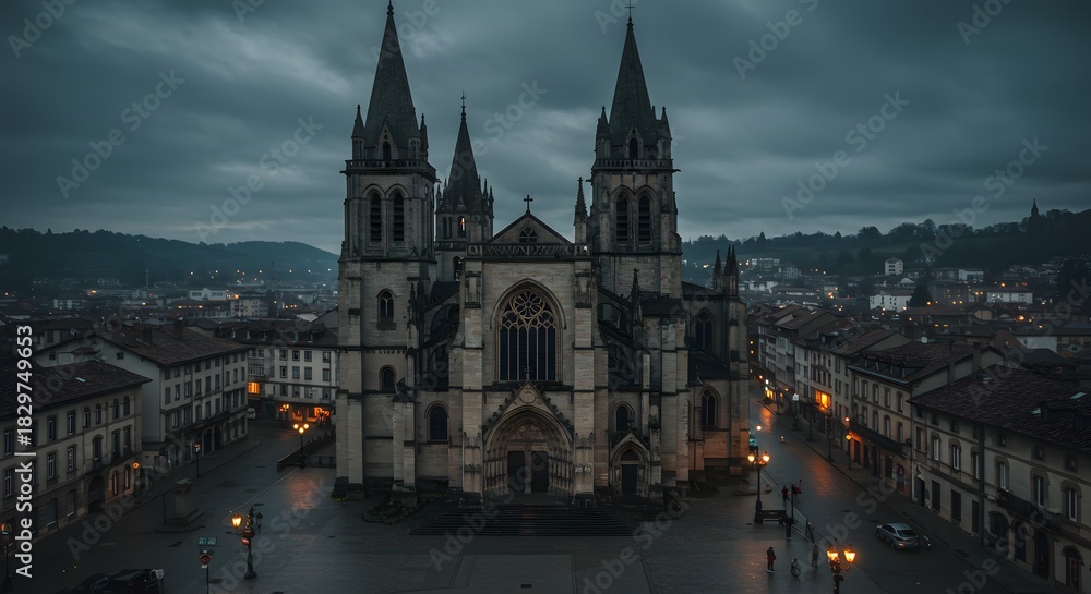 Fototapeta premium Gothic cathedral, city square at dusk with ornate spires against a moody, cloudy sky