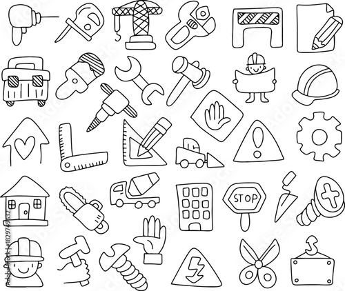 Hand drawn construction and tools icon set, doodle building equipment, safety signs, engineering tools, worker symbols, repair and handyman illustration, industrial and architecture elements