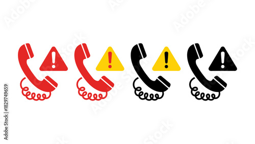 Set of Red and Black Telephone Icons with Warning Symbols.