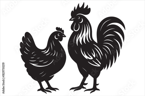 A striking black and white illustration of a rooster and hen together