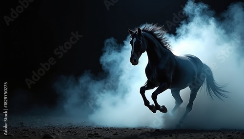 Powerful black horse runs through mist on dark ground. Majestic equine moves with speed and grace, mane flying. Creature appears mystical, its spirit unbound by the smoky atmosphere.