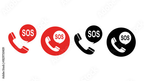 SOS Call Icons Set, Emergency Phone Symbol.