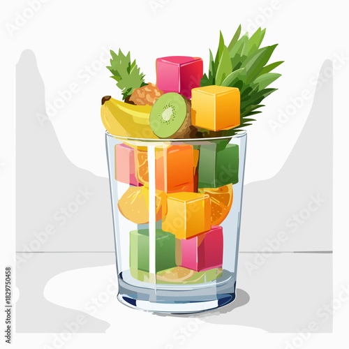 A Tall Glass Filled With Colorful Cubed Fruit And Whole Fruits Such As Banana Pineapple And Kiwi With Orange Slices And Green Leaves Against A White Background Studio Lighting