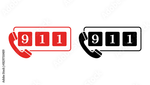 Emergency Call 911 Icon Set Red and Black.
