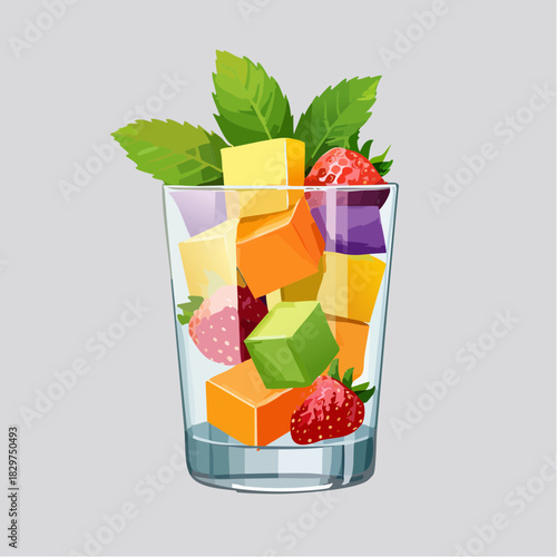 Refreshing Fruit Salad In A Tall Glass With Strawberries And Mint Leaves Illuminated By Natural Light Against A Neutral Background