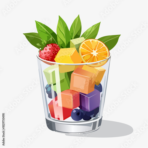 Refreshing Glass of Diced Fruits and Berries with Fresh Mint Leaves and Orange Slice Healthy Refreshment Beverage with Vibrant Colors and Studio Lighting