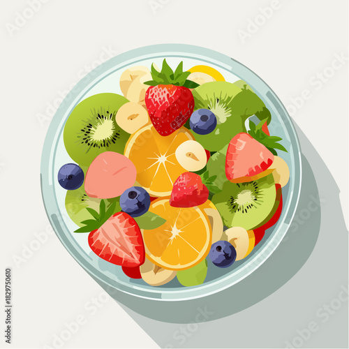 Vibrant Pixel Art Fruit Salad Bowl With Strawberries Blueberries Oranges Kiwis Bananas And Peaches On A White Surface With Soft Shadows