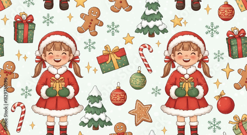 Two adorable girls in Christmas outfits holding gifts with joy.