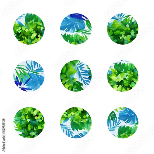 Green and blue leaves framed in 9 circles against the white square; a vector illustration or poster symbolizing freshness of spring, summer, nature, plants, life, growth, environment, eco movement.