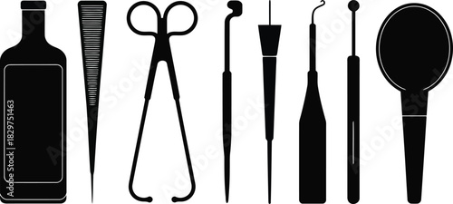 A collection of black silhouette icons featuring diverse medical instruments, a comb, and a bottle