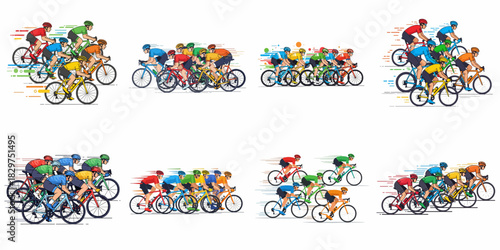 Dynamic vector compositions of a professional cycling race peloton speeding on road bikes, showcasing motion, competition, and team colors.