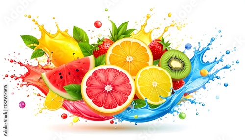Fototapeta Naklejka Na Ścianę i Meble -  A vibrant, artistic depiction of various sliced fruits bursting from liquid splashes in a dynamic composition