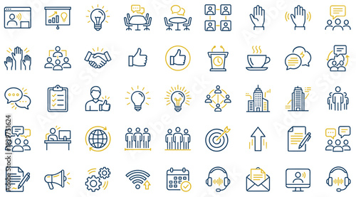 Business and communication icon set, colorful vector graphics, teamwork, meetings, productivity, leadership, virtual tools, strategy, growth, ideas