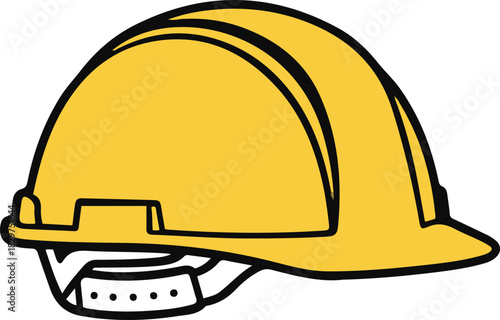 A graphic illustration of a yellow construction hard hat with a front brim and visible chin strap, rendered in a bold, black-outlined cartoon style.