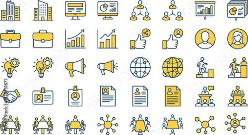 Business and office icon set, colorful vector graphics, teamwork, strategy, communication, data analysis, leadership, productivity, global reach