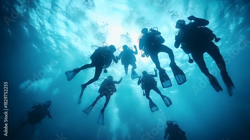 Wallpaper Mural Aerial view of scuba diver in blue water with sunlight filtering through the waters surface, creating a serene underwater scene. Torontodigital.ca