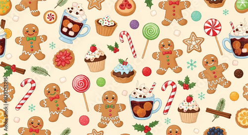 Christmas gingerbread cookies and festive sweets pattern.