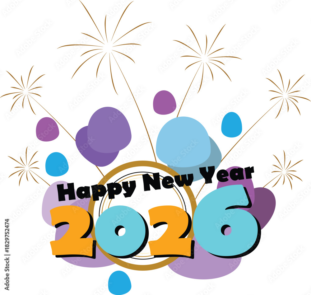 Fototapeta premium Colorful Happy New Year 2026 celebration vector featuring bold typography, fireworks, abstract shapes, and modern festive elements. Perfect for holiday greeting cards, banners, and social posts. 