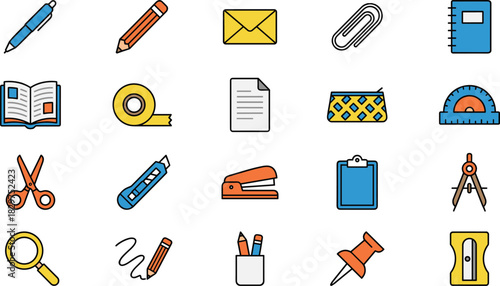 Stationery and office supplies icon set, colorful vector graphics, school tools, writing instruments, organization items, creative workspace