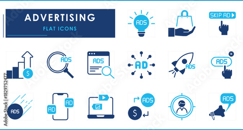 A set of flat icons related to Advertising. Advertisement, Ads, digital, money, earning, marketing, target, multimedia, shopping, and so on.
