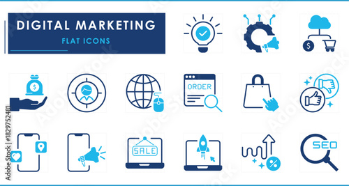 A set of flat icons related to Digital Marketing. Startup, advertise, announce, SEO, innovation, shopping, feedback, online sale, earning, and so on.