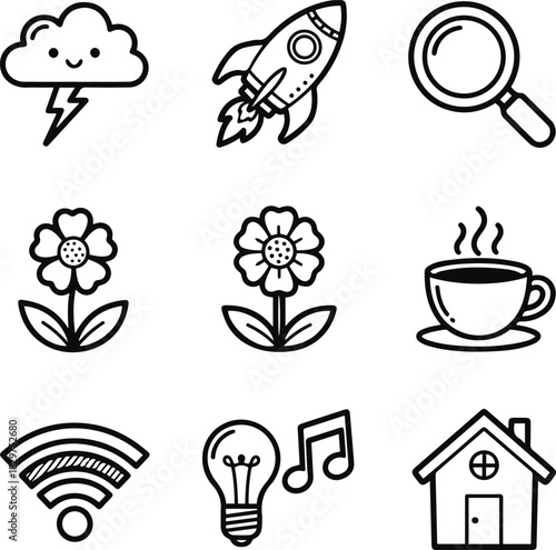 A collection of nine cute, black and white line art icons depicting miscellaneous objects such as a smiling storm cloud, rocket, flower, coffee cup, and house.