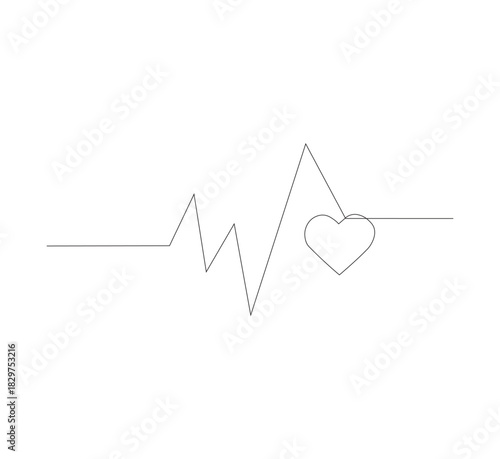 Continuous line drawing of heartbeat. Pulse trace. White background. Health icon. One line drawing. Vector illustration.