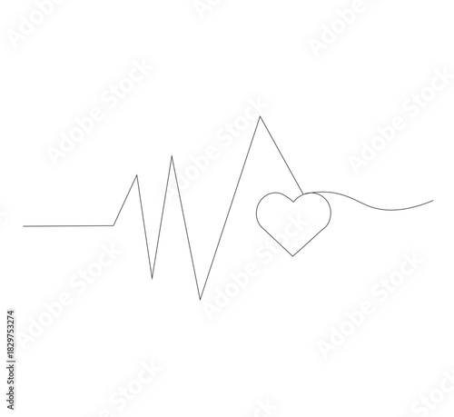Continuous line drawing of heartbeat. Pulse trace. White background. Health icon. One line drawing. Vector illustration.