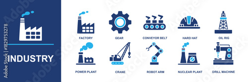 Industry icon set. Containing factory, gear, conveyor belt, hard hat, oil rig, power plant, crane, robot arm, nuclear plant, drill machine, heavy equipment for production and more. Solid vector icons