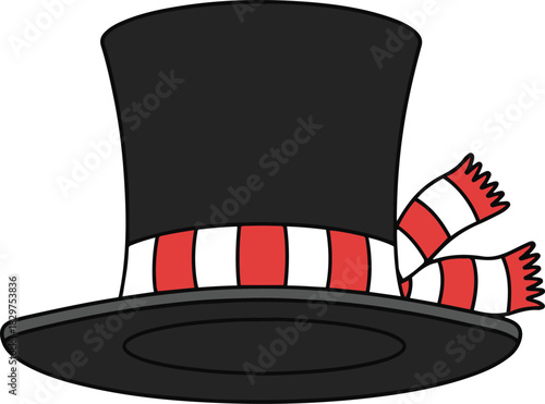 A cartoon illustration of a black top hat featuring a wide brim and a festive red and white striped band with fringed ends, resembling a snowman's accessory.